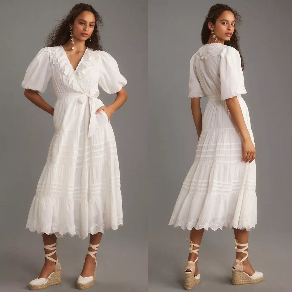 Anthropologie Love The Label Short-Sleeve Ruffled Tiered Wrap Maxi Dress XS $268